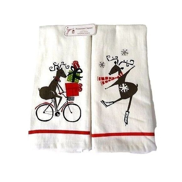 Peppermint Square Kitchen Towels Ice Skating Deer and Bicycle 2-Pc Holiday Gift - Picture 1 of 1